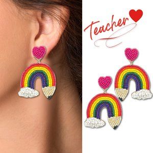 Teacher School Student Appreciation Gift Pencil Rainbow Beaded Earrings NEW